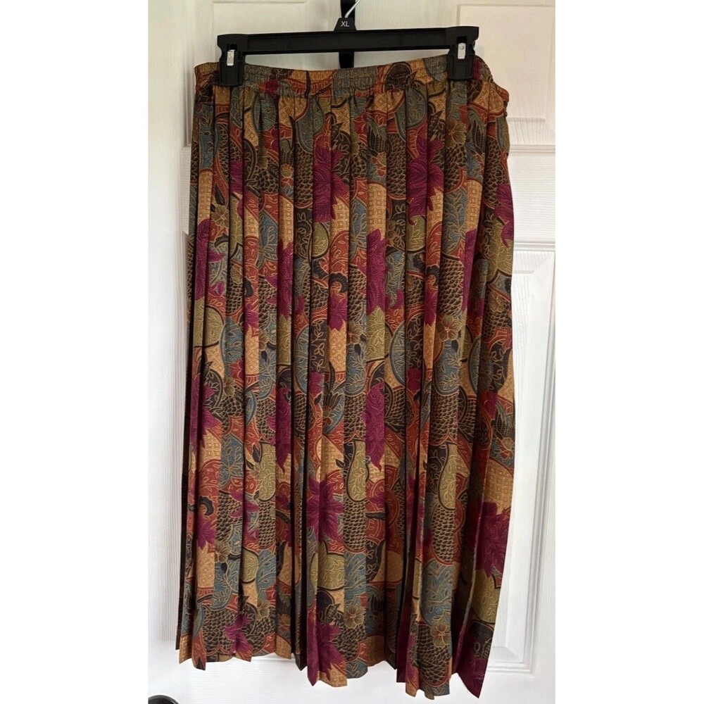 VTG 80s 90s Pleated Midi Skirt Sz 20 Abstract Floral Fall Color Grandmacore Boho